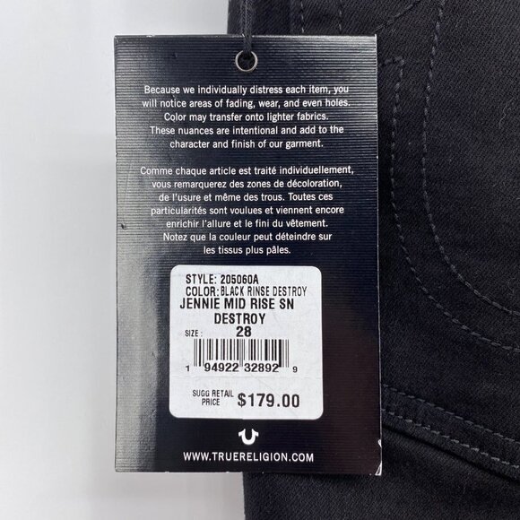 True Religion Jennie Curvy Mid Rise Skinny Distressed Black Jeans Women's Sz 28 - Picture 7 of 15